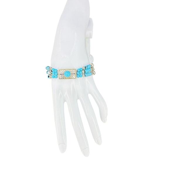 Premier Designs Bracelet Three Strands Blue Multi-Shape Beads Silver Plated 7.5" - Picture 3 of 13